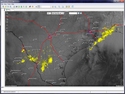 Visible satellite with lightning with major roads and place name geographic overlay.
