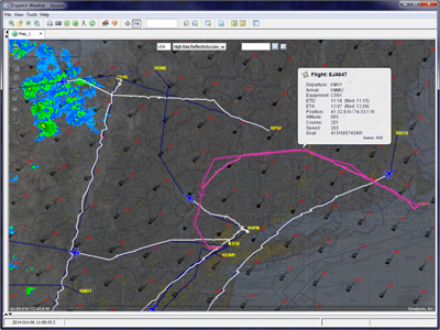 NetJets flights with aeronautical charts, radar, and winds and temperatures aloft with visible satellite image.