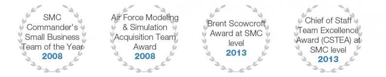 Images of SST Awards: SMC Commander's Small Business Team of the Year, 2008, Air Force Modeling & Simulation Acquisition Team Award, 2008, Brent Scowcroft Award at SMC level, 2013, Chief of Staff Team Excellence Award (CSTEA) at SMC level, 2013
