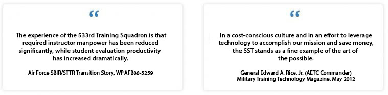 Quotes about Standard Space Trainer: "The experience of the 533rd Training Squadron is that required instructor manpower has been reduced significantly, while studen evaluation productivity has increased dramatically." Air Force SBIR/STTR Transition Story, WPAFB08-5259. "In a cost-conscious culture and in an effort to leverage technology to accomplish our mission and save mony, the SST stands as a fine example of the art of the possible." General Edward A. Rice, Jr. (AETC Commander) Military Training Technology Magazine, May 2012