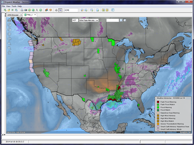 National Weather Service (NWS) weather advisories on enhanced water vapor imagery.