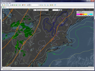 Station winds and weather color-coded for flight rules, radar, contoured gridded temperatures and pressure on visible satellite image.