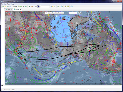 Korean Airlines Incheon - Chicago planned routes and flights with weather drawing, SIGMETs, winds and temperatures aloft, on composite satellite geotiff image.