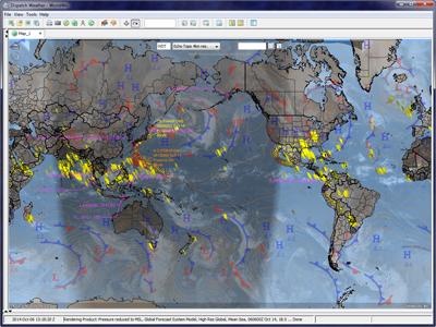 IR (infrared) composite satellite, lightning, volcanic ash, tropical storms, gridded surface pressure, weather drawing on sun clock.