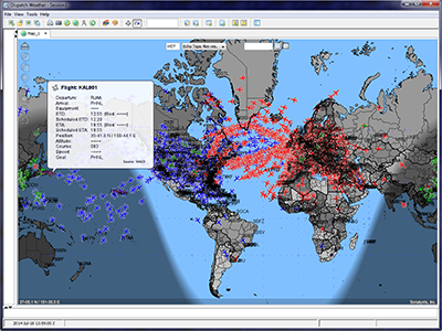Flights by data source with sun clock: blue-FAA, red-EuroControl, green-Korean Airline.